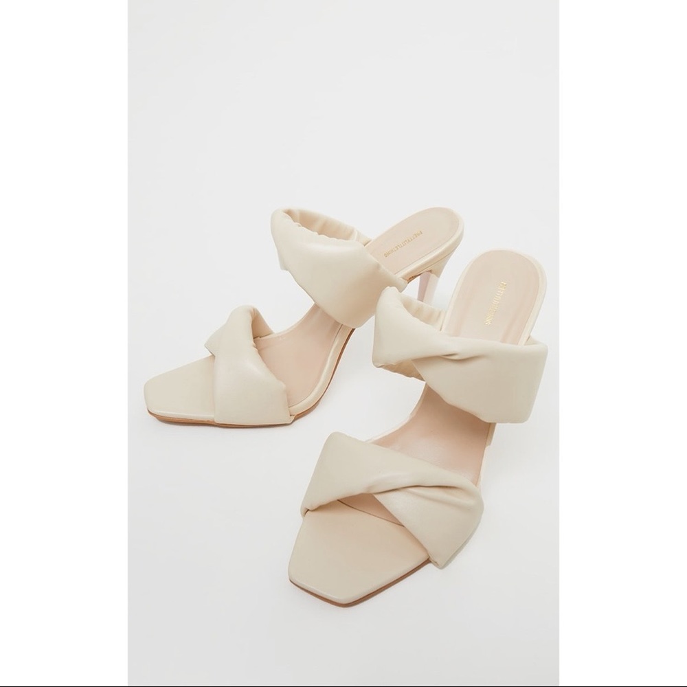 Cream Square Toe Padded Twin Strap High Heel Mules